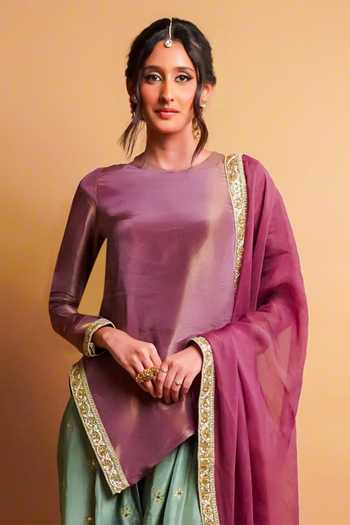 Shop RAYASHA KHAN Purple Silk, Tissue, Organza Mirelle Asymmetric Short Kurta Set Online at Aza Fashions Shop_RAYASHA KHAN_Purple Silk, Tissue, Organza Mirelle Asymmetric Short Kurta Set _Online_at_Aza_Fashions