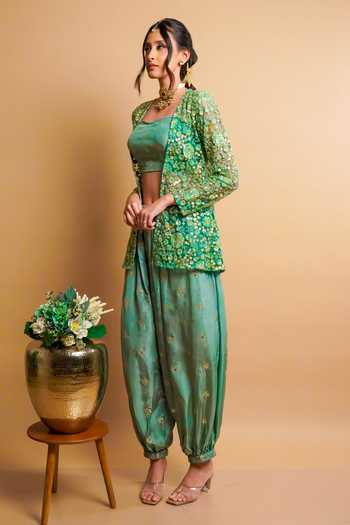 RAYASHA KHAN Green Net, Silk Open , Bandeau Veya Embroidered Jacket Set Online at Aza Fashions RAYASHA KHAN_Green Net, Silk Open , Bandeau Veya Embroidered Jacket Set _Online_at_Aza_Fashions