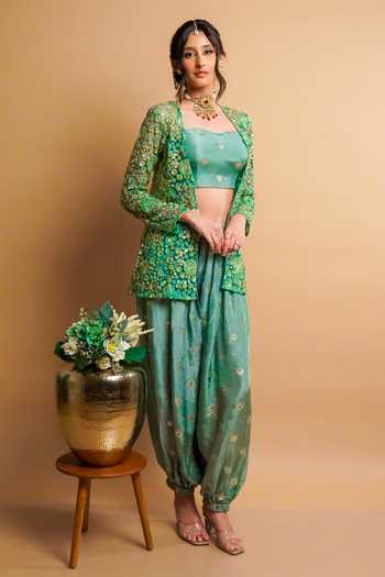 Buy RAYASHA KHAN Green Net, Silk Open , Bandeau Veya Embroidered Jacket Set Online at Aza Fashions Buy_RAYASHA KHAN_Green Net, Silk Open , Bandeau Veya Embroidered Jacket Set _Online_at_Aza_Fashions