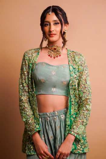 Shop RAYASHA KHAN Green Net, Silk Open , Bandeau Veya Embroidered Jacket Set Online at Aza Fashions Shop_RAYASHA KHAN_Green Net, Silk Open , Bandeau Veya Embroidered Jacket Set _Online_at_Aza_Fashions