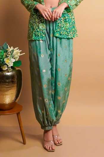 RAYASHA KHAN Green Net, Silk Open , Bandeau Veya Embroidered Jacket Set at Aza Fashions RAYASHA KHAN_Green Net, Silk Open , Bandeau Veya Embroidered Jacket Set _at_Aza_Fashions