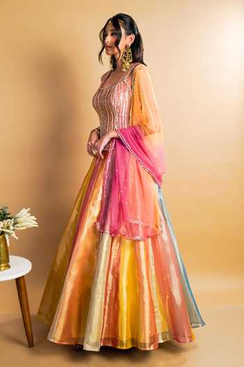 Shop RAYASHA KHAN Multi Color Tissue, Silk, Net Sequins, Crystals Noore Colorblock Lehenga Set Online at Aza Fashions Shop_RAYASHA KHAN_Multi Color Tissue, Silk, Net Sequins, Crystals Noore Colorblock Lehenga Set _Online_at_Aza_Fashions