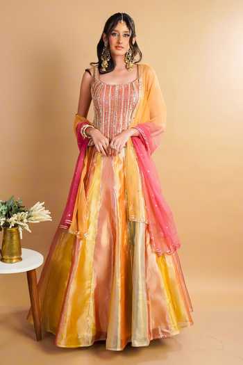 RAYASHA KHAN Multi Color Tissue, Silk, Net Sequins, Crystals Noore Colorblock Lehenga Set at Aza Fashions RAYASHA KHAN_Multi Color Tissue, Silk, Net Sequins, Crystals Noore Colorblock Lehenga Set _at_Aza_Fashions