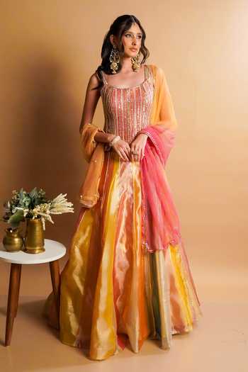 Buy RAYASHA KHAN Multi Color Tissue, Silk, Net Sequins, Crystals Noore Colorblock Lehenga Set Buy_RAYASHA KHAN_Multi Color Tissue, Silk, Net Sequins, Crystals Noore Colorblock Lehenga Set