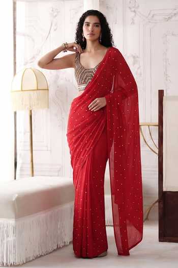 Basanti Kapde aur Koffee The Crimson Horizon Embroidered Pre-Draped Saree With Blouse