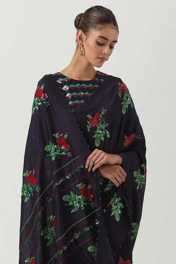 Label Earthen_Blue Chanderi Silk Embroidery Round Neck Phool Pathi Saree With Blouse _Online_at_Aza_Fashions
