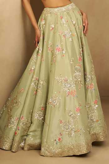 Osaa By Adarsh Green Silk, Tissue Sweetheart Neck, Open Meadow Muse Crop Jacket Lehenga Set at Aza Fashions Osaa By Adarsh_Green Silk, Tissue Sweetheart Neck, Open Meadow Muse Crop Jacket Lehenga Set _at_Aza_Fashions