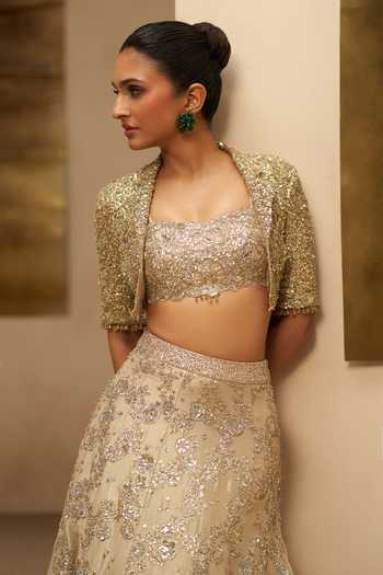 Buy Osaa By Adarsh Beige Silk, Tissue Sweetheart Neck, Champagne Blossom Crop Jacket Lehenga Set Online at Aza Fashions Buy_Osaa By Adarsh_Beige Silk, Tissue Sweetheart Neck, Champagne Blossom Crop Jacket Lehenga Set _Online_at_Aza_Fashions