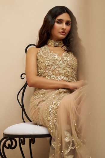 Osaa By Adarsh Beige Tulle Halter Neck Ethereal Mist Pre-draped Saree With Top Online at Aza Fashions Osaa By Adarsh_Beige Tulle Halter Neck Ethereal Mist Pre-draped Saree With Top _Online_at_Aza_Fashions