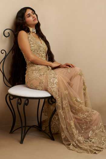 Buy Osaa By Adarsh Beige Tulle Halter Neck Ethereal Mist Pre-draped Saree With Top Online at Aza Fashions Buy_Osaa By Adarsh_Beige Tulle Halter Neck Ethereal Mist Pre-draped Saree With Top _Online_at_Aza_Fashions
