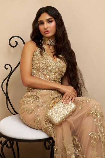 Shop Osaa By Adarsh Beige Tulle Halter Neck Ethereal Mist Pre-draped Saree With Top Online at Aza Fashions Shop_Osaa By Adarsh_Beige Tulle Halter Neck Ethereal Mist Pre-draped Saree With Top _Online_at_Aza_Fashions