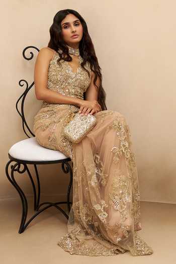 Osaa By Adarsh Beige Tulle Halter Neck Ethereal Mist Pre-draped Saree With Top at Aza Fashions Osaa By Adarsh_Beige Tulle Halter Neck Ethereal Mist Pre-draped Saree With Top _at_Aza_Fashions