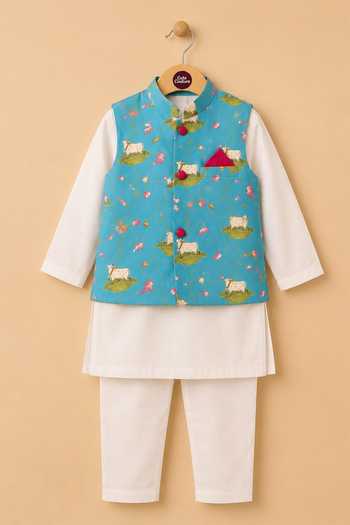 Cute Couture Blue Cotton Pichwai Print Bundi And Kurta Set Online at Aza Fashions Cute Couture_Blue Cotton Pichwai Print Bundi And Kurta Set _Online_at_Aza_Fashions