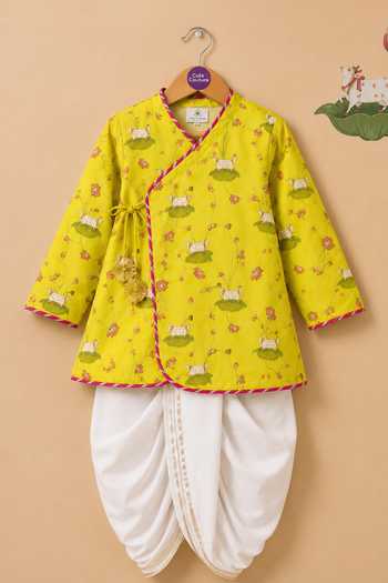 Cute Couture_Yellow Cotton Pichwai Print Angarkha Set _Online_at_Aza_Fashions