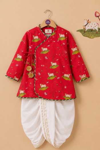 Cute Couture_Red Cotton Pichwai Cow Print Angarkha Set _Online_at_Aza_Fashions