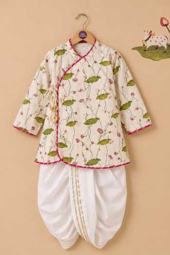 Cute Couture_Beige Cotton Floral Print Angarkha Set _Online_at_Aza_Fashions