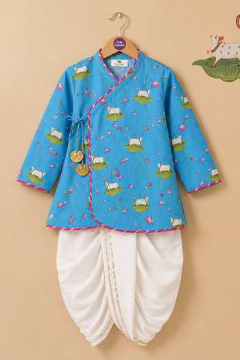Cute Couture Blue Cotton Zari Pichwai Floral Print Angarkha Kurta Set Online at Aza Fashions Cute Couture_Blue Cotton Zari Pichwai Floral Print Angarkha Kurta Set _Online_at_Aza_Fashions
