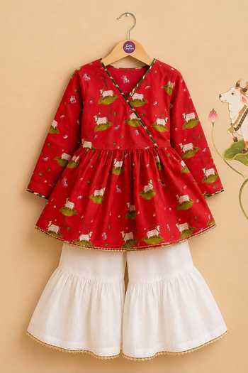 Cute Couture Red Cotton Pichwai Print Angarkha And Sharara Set Online at Aza Fashions Cute Couture_Red Cotton Pichwai Print Angarkha And Sharara Set _Online_at_Aza_Fashions