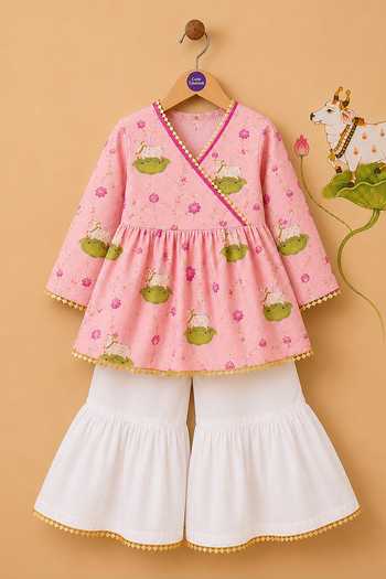 Cute Couture Pink Cotton Pichwai Print Angarkha With Sharara Online at Aza Fashions Cute Couture_Pink Cotton Pichwai Print Angarkha With Sharara _Online_at_Aza_Fashions