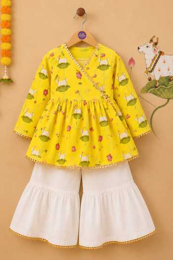 Cute Couture Yellow Cotton Pichwai Print Angarkha And Sharara Set Online at Aza Fashions Cute Couture_Yellow Cotton Pichwai Print Angarkha And Sharara Set _Online_at_Aza_Fashions