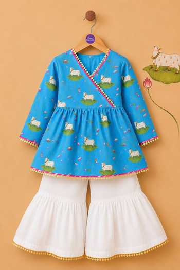 Cute Couture Blue Cotton Pichwai Cow Print Angarkha And Sharara Set Online at Aza Fashions Cute Couture_Blue Cotton Pichwai Cow Print Angarkha And Sharara Set _Online_at_Aza_Fashions