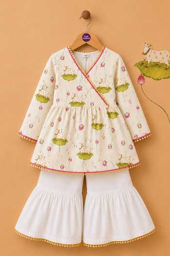 Cute Couture Beige Cotton Pichwai Cow Print Angarkha And Sharara Set Online at Aza Fashions Cute Couture_Beige Cotton Pichwai Cow Print Angarkha And Sharara Set _Online_at_Aza_Fashions