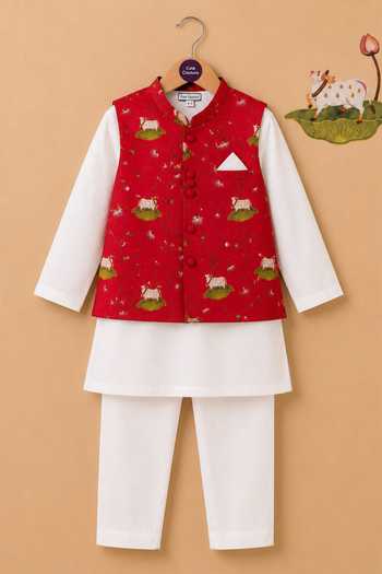 Cute Couture Red Cotton Pichwai Print Bundi And Kurta Set Online at Aza Fashions Cute Couture_Red Cotton Pichwai Print Bundi And Kurta Set _Online_at_Aza_Fashions