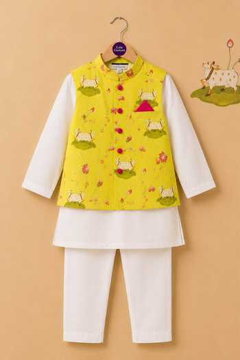 Cute Couture_Yellow Cotton Printed Bundi And Kurta Set _Online_at_Aza_Fashions