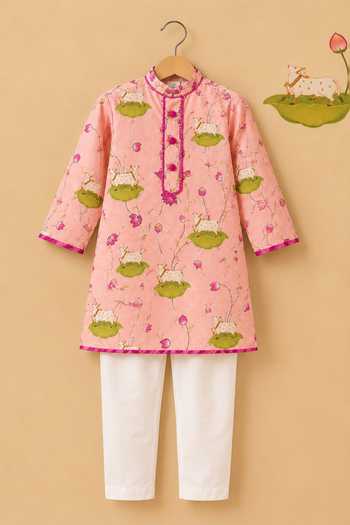 Cute Couture Pink Cotton Pichwai Print Kurta Set Online at Aza Fashions Cute Couture_Pink Cotton Pichwai Print Kurta Set _Online_at_Aza_Fashions