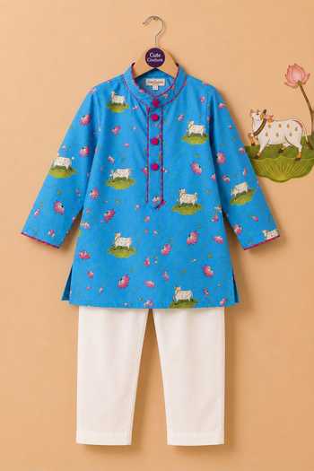 Cute Couture_Blue Cotton Pichwai Print Kurta And Pant Set _Online_at_Aza_Fashions