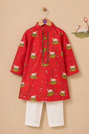 Cute Couture_Red Cotton Pichwai Print Kurta With Pant _Online_at_Aza_Fashions