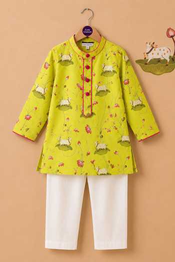 Cute Couture_Yellow Cotton Pichwai Cow Print Kurta Set _Online_at_Aza_Fashions