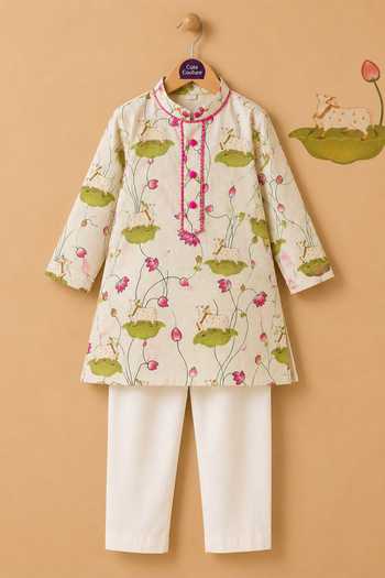 Cute Couture_Beige Cotton Pichwai Print Kurta Set _Online_at_Aza_Fashions