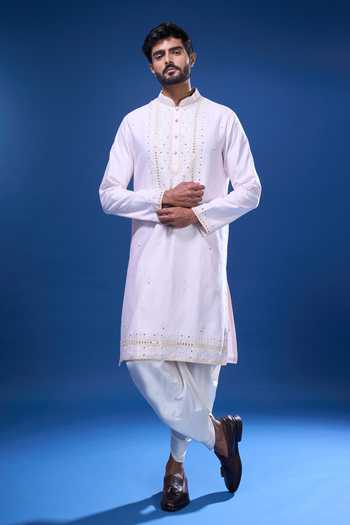 Arihant Rai Sinha Pink Silk Embroidery, Mirrors Floral And Work Full Sleeve Kurta Set at Aza Fashions Arihant Rai Sinha_Pink Silk Embroidery, Mirrors Floral And Work Full Sleeve Kurta Set _at_Aza_Fashions
