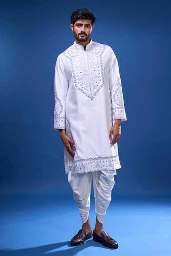 Arihant Rai Sinha_White Silk Embroidery, Mirrors Floral And Work Kurta Pant Set _at_Aza_Fashions