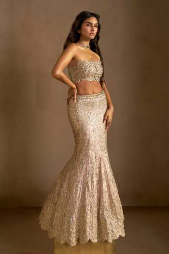 Shop Osaa By Adarsh Pink Silk, Tissue Bandeau Neck Camellia Embroidered Mermaid Lehenga Set Online at Aza Fashions Shop_Osaa By Adarsh_Pink Silk, Tissue Bandeau Neck Camellia Embroidered Mermaid Lehenga Set _Online_at_Aza_Fashions