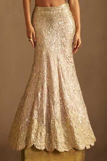 Buy Osaa By Adarsh Pink Silk, Tissue Bandeau Neck Camellia Embroidered Mermaid Lehenga Set Buy_Osaa By Adarsh_Pink Silk, Tissue Bandeau Neck Camellia Embroidered Mermaid Lehenga Set