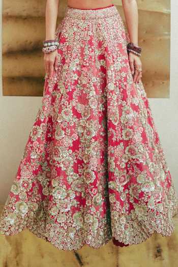 Buy_Osaa By Adarsh_Pink Silk V-neck Deep Berry Blossom Bridal Lehenga Set _Online_at_Aza_Fashions