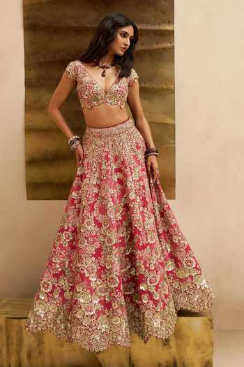 Shop_Osaa By Adarsh_Pink Silk V-neck Deep Berry Blossom Bridal Lehenga Set _Online_at_Aza_Fashions