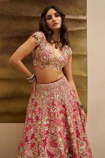 Osaa By Adarsh_Pink Silk V-neck Deep Berry Blossom Bridal Lehenga Set _at_Aza_Fashions