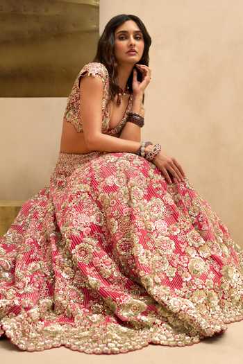 Buy_Osaa By Adarsh_Pink Silk V-neck Deep Berry Blossom Bridal Lehenga Set 