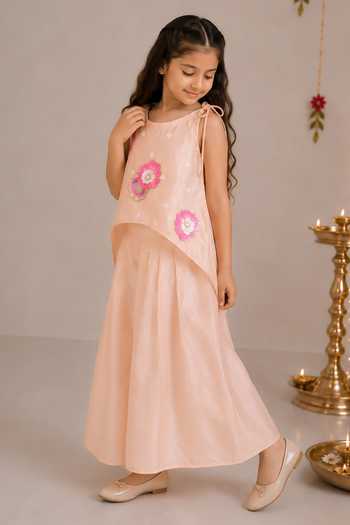 Buy_Darleen Kids Couture_Peach Silk Noori Asymmetric Top And Pant Set _Online_at_Aza_Fashions