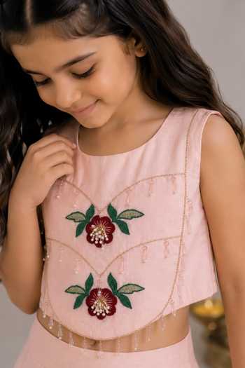 Buy_Darleen Kids Couture_Peach Silk Gulmohar Embroidered Top And Palazzo Set _Online_at_Aza_Fashions