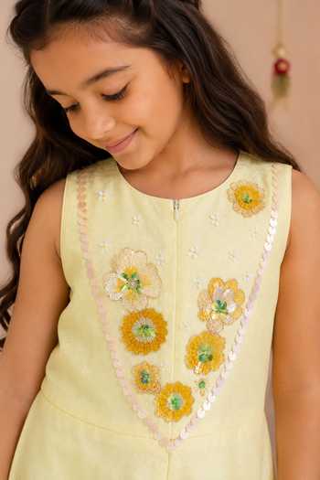 Darleen Kids Couture_Yellow Silk Kanak Embroidered Jumpsuit _Online_at_Aza_Fashions
