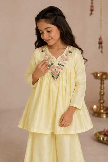 Darleen Kids Couture_Yellow Silk Kanak Embroidered Anarkali And Palazzo Set _Online_at_Aza_Fashions