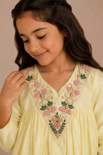 Buy_Darleen Kids Couture_Yellow Silk Kanak Embroidered Anarkali And Palazzo Set _Online_at_Aza_Fashions