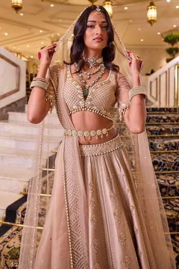 Cedar & Pine Beige Silk, Net V-neck Vivaah Hand Embroidered Bridal Lehenga Set Online at Aza Fashions Cedar & Pine_Beige Silk, Net V-neck Vivaah Hand Embroidered Bridal Lehenga Set _Online_at_Aza_Fashions