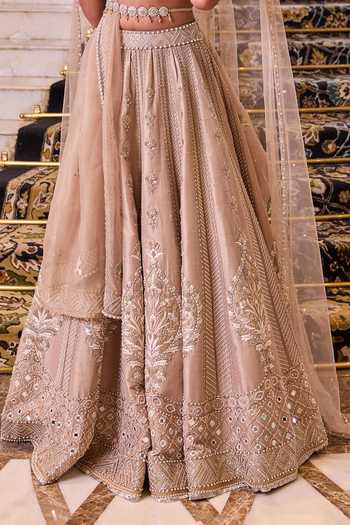 Buy Cedar & Pine Beige Silk, Net V-neck Vivaah Hand Embroidered Bridal Lehenga Set Online at Aza Fashions Buy_Cedar & Pine_Beige Silk, Net V-neck Vivaah Hand Embroidered Bridal Lehenga Set _Online_at_Aza_Fashions
