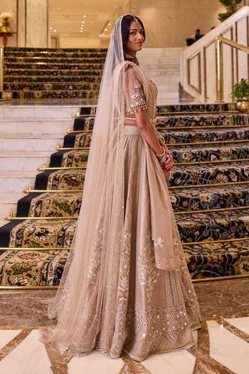 Shop Cedar & Pine Beige Silk, Net V-neck Vivaah Hand Embroidered Bridal Lehenga Set Online at Aza Fashions Shop_Cedar & Pine_Beige Silk, Net V-neck Vivaah Hand Embroidered Bridal Lehenga Set _Online_at_Aza_Fashions