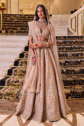 Cedar & Pine Beige Silk, Net V-neck Vivaah Hand Embroidered Bridal Lehenga Set at Aza Fashions Cedar & Pine_Beige Silk, Net V-neck Vivaah Hand Embroidered Bridal Lehenga Set _at_Aza_Fashions